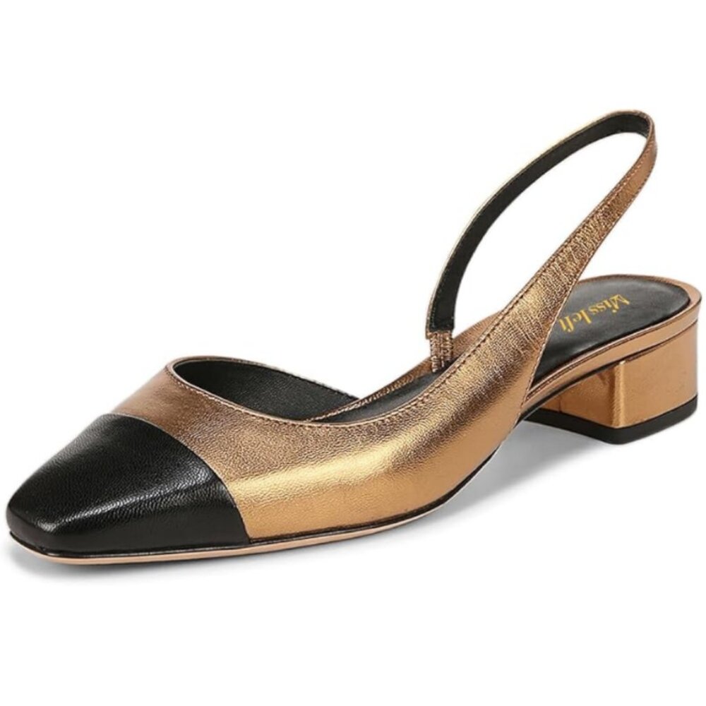 miss left Women Stylish Cap Toe Block Low Heel Pumps Back Strap Slingback Gold